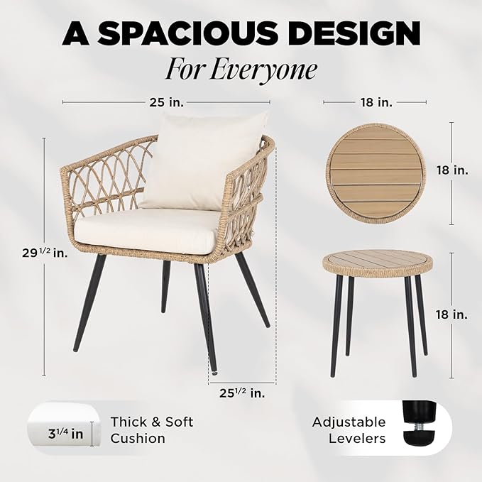 Idzo Heavy Duty 500lbs Weight Capacity Wicker Bistro Table and Chairs Set of 2 with Premium Olefin Fabric Soft Cushions - Photo 3