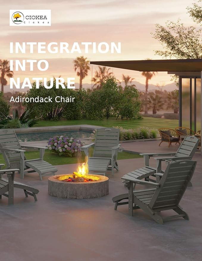 Ciokea Folding Adirondack Chair with Retractable Ottoman Fire Pit Patio Chair with Pull Out Foot Rest Weather Resistant - Photo 4