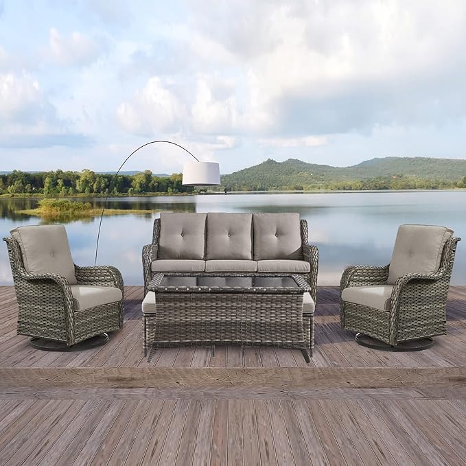 Rilyson Wicker Patio Furniture Set - 6 Piece Rattan Outdoor Sectional Conversation Sets with 2 Swivel Rocking Chairs - Photo 7