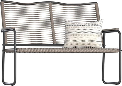 AECOJOY Outdoor Garden Bench, Weatherproof Wicker Outside Benches Clearance, Black Patio Loveseat with Backrest Armrests for Lawn Yard Porch Work Entryway (Brown Vine Back)