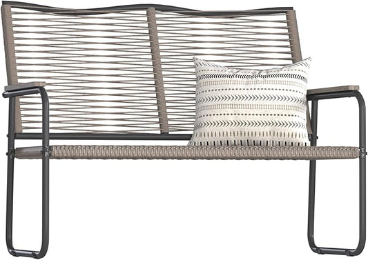 AECOJOY Outdoor Garden Bench, Weatherproof Wicker Outside Benches Clearance, Black Patio Loveseat with Backrest Armrests for Lawn Yard Porch Work Entryway (Brown Vine Back)