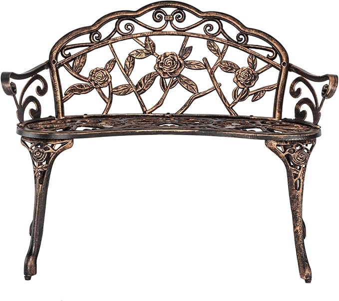 38.5” Outdoor Porch Bench with Hollow Rose Design,Elegant Garden Bench Park Bench for Backyard,Iron Bench with Arms,Bronze