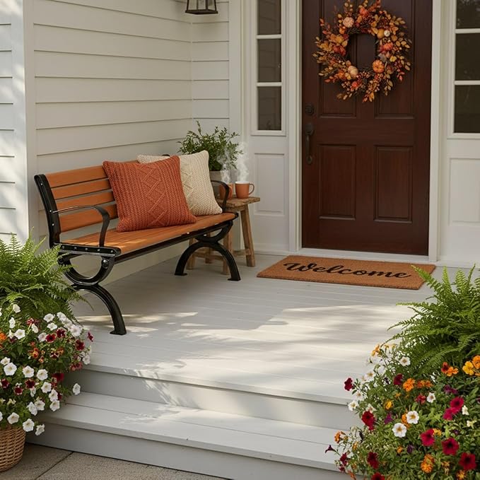 Outdoor Garden Bench, Cast Iron Metal Frame Patio Park Bench with Solid Wood Slatted Seat 47" 59" 71" Weather Proof Porch Benches for Porch, Lawn, Yard(Oranges,180cm/70.9")