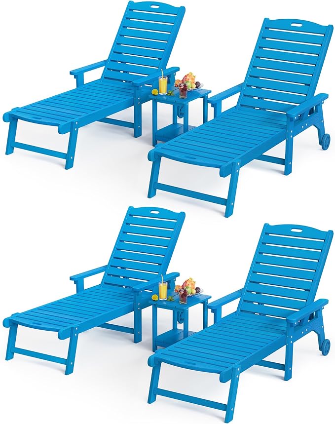 LUE BONA Outdoor Lounge Chair Set with Table, 6-Piece, HDPS Chaise Lounge Outdoor with Wheels, 5 Positions Adjustable Pool Lounger Chairs for Outside, Patio, Deck, Blue