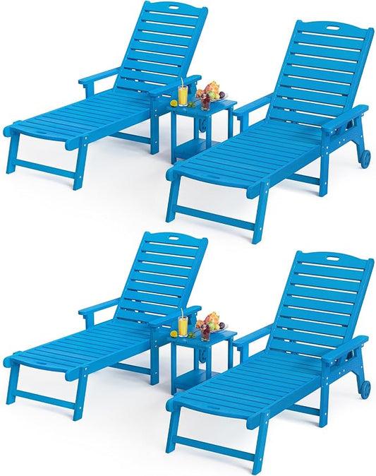 LUE BONA Outdoor Lounge Chair Set with Table, 6-Piece, HDPS Chaise Lounge Outdoor with Wheels, 5 Positions Adjustable Pool Lounger Chairs for Outside, Patio, Deck, Blue