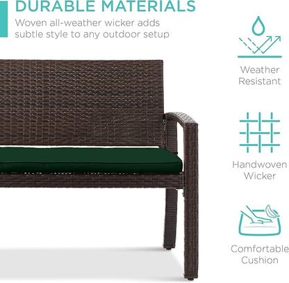 Best Choice Products Outdoor Bench 2-Person Wicker Garden Patio Benches Seating Furniture for Backyard, Porch w/Seat Cushion, 700lb Capacity - Midnight Green/Brown