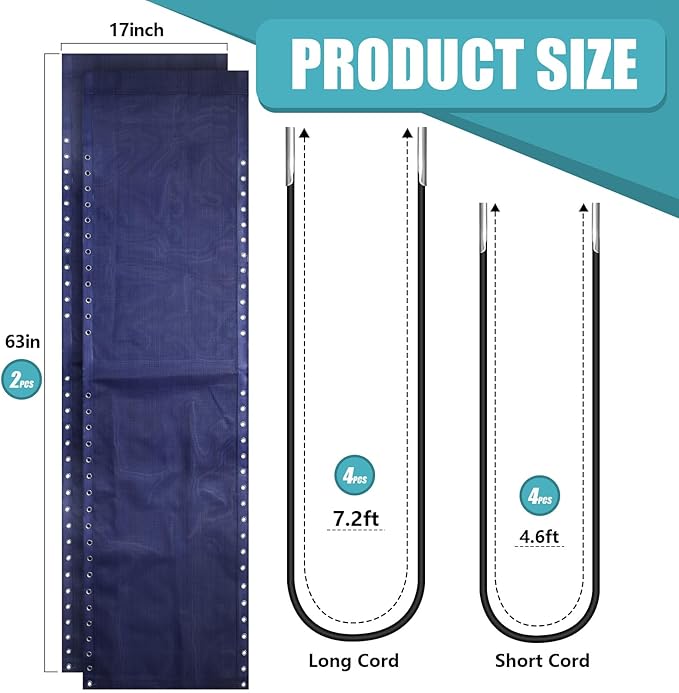 Queekay 2 Pcs Gravity Chair Replacement Fabric with 8 Bungee Cord Lounge Chair Cloth Mesh Patio Chair Repair Kit for Patio Recliner Outdoor Lawn Pool Beach Sling Chair(Blue, 63" x 17")