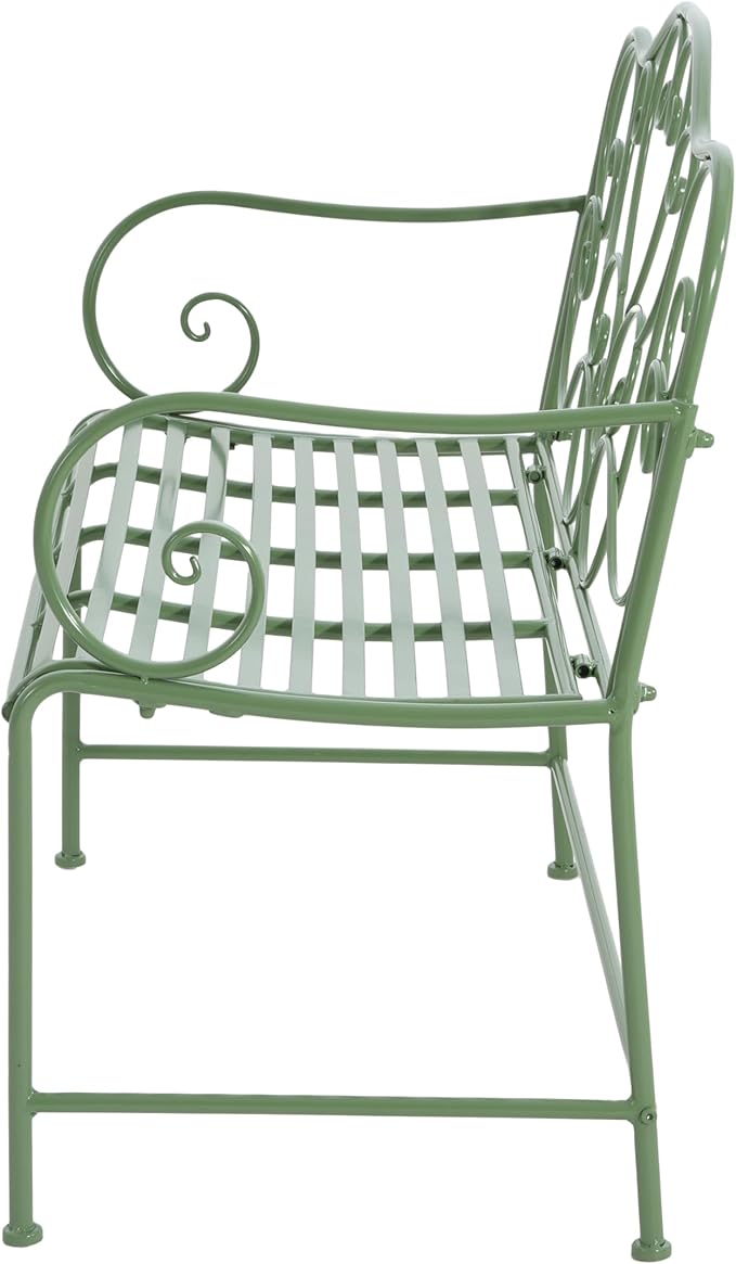 Christopher Knight Home Layon Iron Outdoor Bench, Patio Loveseat for 2 People, Durable Garden Bench with Floral Pattern Backrest, Slatted Seat for Park/Yard, Spacious Outdoor Seating, Matte Green