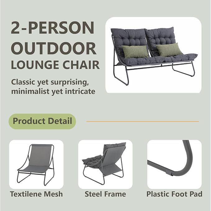 Patio Loveseat, Outdoor Double Chair, Oversized Padded Comfy Outdoor Love Seat, 2 Seater Couch with Cushion, All-Weather Patio Conversation Furniture for Porch Balcony Poolside, Dark Grey