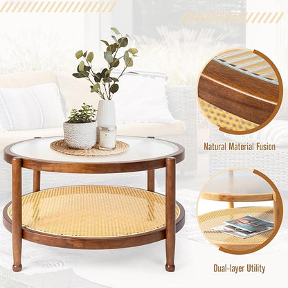 Outvita Outdoor Side Table, Rattan Rubber Wood Coffee Table with Weather - Resistant Coating, Double - Layer Storage, 31.5"x31.5"x 17.3", Easy Assembly for Patio, Garden, Living Room, Bedroom