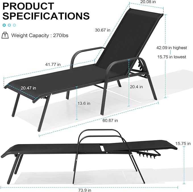 Crestlive Outdoor Chaise Lounge Chair,5-Position Pool Lounge Chairs with Armrests Sunbathing Recliner for Patio,Beach,Deck,Yard (4PC Black)