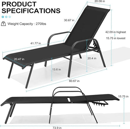Crestlive Outdoor Chaise Lounge Chair,5-Position Pool Lounge Chairs with Armrests Sunbathing Recliner for Patio,Beach,Deck,Yard (4PC Black)