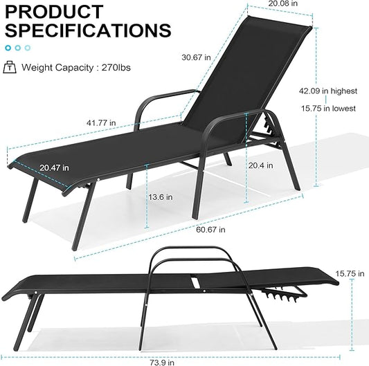 Crestlive Outdoor Chaise Lounge Chair,5-Position Pool Lounge Chairs with Armrests Sunbathing Recliner for Patio,Beach,Deck,Yard (2PC Black)