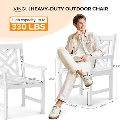 VINGLI Outdoor Dining Chairs Set of 2, Heavy Duty 330 LBS Wooden Patio Chairs with Comfortable Backrest, Solid Wood Patio Dining Chairs Garden Chairs for Yard, Front Porch and Deck (White, 2 PCS)