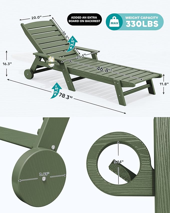 SERWALL Patio Chaise Lounge Chair Set of 2, 78'' Long 5-Positions Adjustable HDPE Outdoor Lounger for Pool - Photo 2