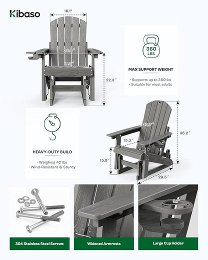 3-Position Adjustable Adirondack Chair with Cup Holder Set of 2, HDPE All-Weather Outdoor Glider Chair, Wood-Grain Fire Pit Chairs for Pool, Yard, Deck (Grey)