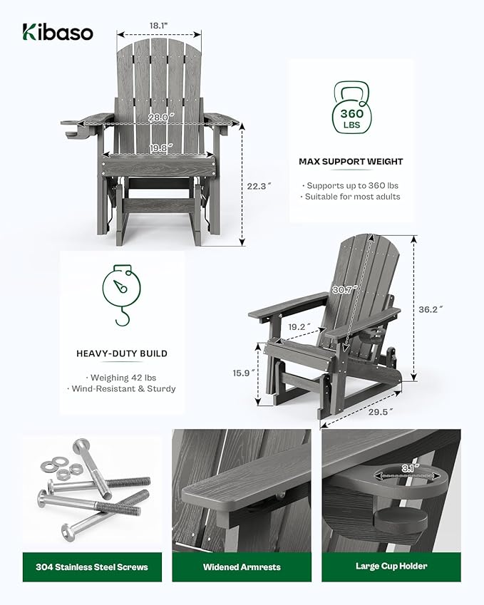 3-Position Adjustable Adirondack Chair with Cup Holder, HDPE All-Weather Outdoor Glider Chair, Wood-Grain Fire Pit Chairs for Pool, Yard, Deck (Grey)