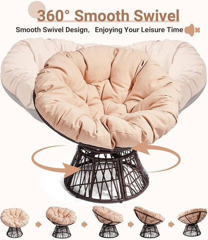 VINGLI Outdoor Papasan Chairs with Thick Cushions 360 Degree Swivel Chair, Patio Chairs Lounge Chair Rading Chair for Balcony, Yard, Porch (Brown)