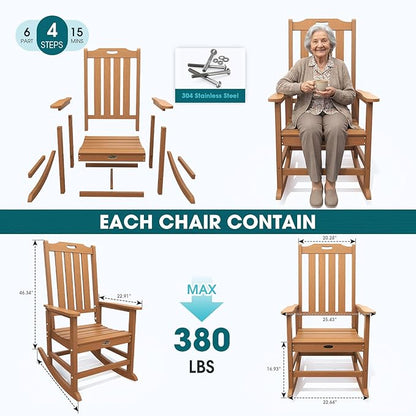 Oversized Rocking Chair Set of 2, Outdoor Rocking Chair for Adults, All Weather Resistant Porch Rocker for Lawn Garden, Wood