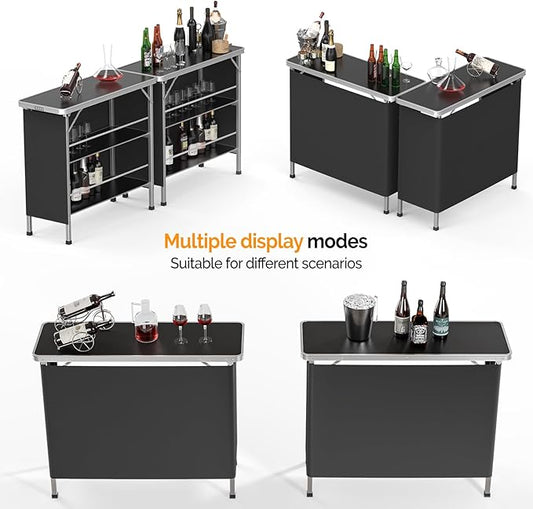 VINGLI 43" Portable Bar Table, 3-Tier Shelves, Carry Bag，Mobile Bar Table for Events, Party, Camping, Picnic, Tradeshow, Outdoor & Indoor with Black Skirt(2, 43") (2) (Black-2P, 43")