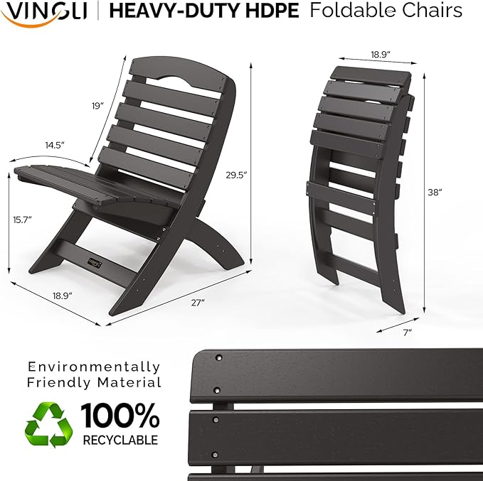 VINGLI Portable Adirondack Chairs Set of 4, Folding Plastic Adirondack Chair for All Weathers, Outdoor Fire Pit Chairs for Patio Poolside Porch Beach, Capacity 350 LBS, Black