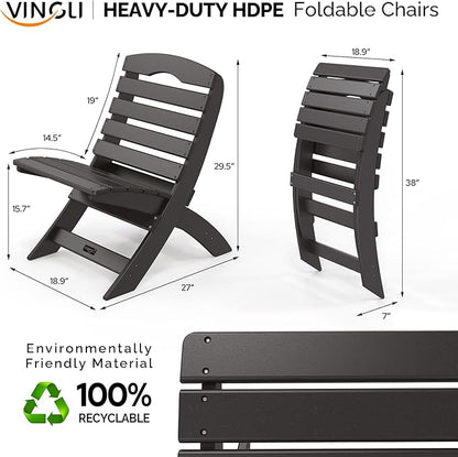 VINGLI Portable Adirondack Chairs Set of 2, Folding Plastic Adirondack Chair for All Weathers, Outdoor Fire Pit Chairs for Patio Poolside Porch Beach, Capacity 350 LBS, Black