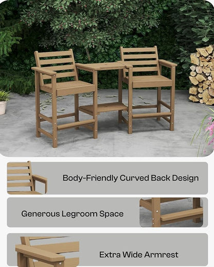 Tall HDPE Adirondack Bar Chairs Set of 2, Outdoor Balcony Bar-Height Chairs with Extra-Large Side Trays & 2" Umbrella Hole, All-Weather Patio Stools for Porch, Deck, Garden (Brown, 2chair)
