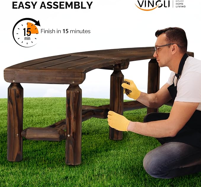 VINGLI Outdoor Bench Wooden Curved Bench, All-Weather Fire Pit Backless Patio Bench, 2-Person Seating Rustic Garden Bench for Backyard Porch Deck Entryway (Carbonized)