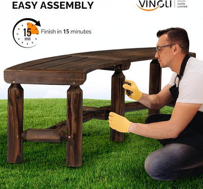 VINGLI Outdoor Bench Wooden Curved Bench, All-Weather Fire Pit Backless Patio Bench, 2-Person Seating Rustic Garden Bench for Backyard Porch Deck Entryway (Carbonized)