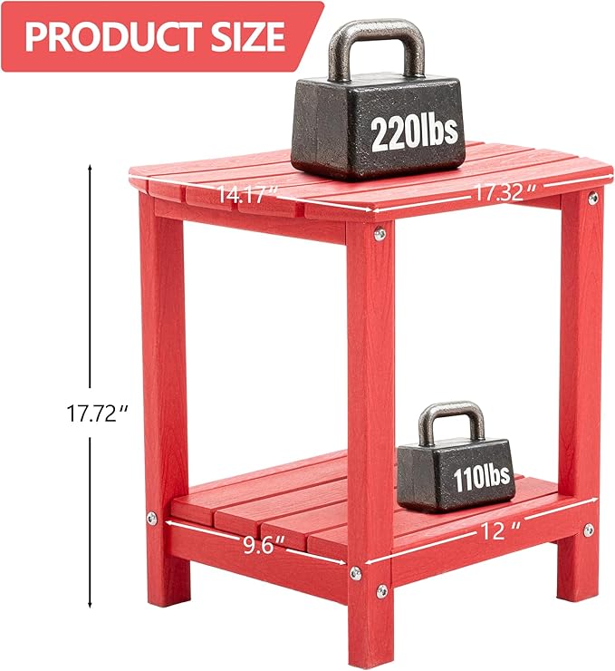 Adirondack Small Outdoor Side Table - Weatherproof HDPE Patio End Table with 2-Tier Storage for Firepit, Balcony, Garden, Poolside or Bathroom (Red, Set of 2)