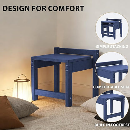 Stackable HDPE Foot Stool - All-Weather Indoor/Outdoor Seating for Patio, Living Room & Bathroom, Waterproof Windproof Heavy-Duty High-Density PE Step Stool, 2 Sets, Navy