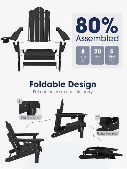 KINGYES Adjustable Folding Adirondack Chair Set of 2, 3-Position Reclining Adirondack Chairs with Cup Holder, HDPE All-Weather Oversized Adirondack for Outdoor, Patio, Backyard Deck, Fire Pit, Black