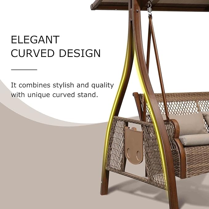 PURPLE LEAF Patio Porch Swing Chair with Canopy 2 Person Hand-Woven Wicker Outside Glider w/Solar LED Light and Cushions for Backyard Loveseat Bench Outdoor Hamock Swinging Chairs