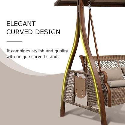 PURPLE LEAF Patio Porch Swing Chair with Canopy 2 Person Hand-Woven Wicker Outside Glider w/Solar LED Light and Cushions for Backyard Loveseat Bench Outdoor Hamock Swinging Chairs