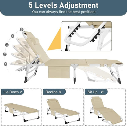 LILYPELLE Folding Chaise Lounge Chair with Mattress, 5 Position Beach Chair with Face Hole, Patio Chaise Lounge Chairs for Outside, Sunbathing, Camping, Pool, Beach, Poolside