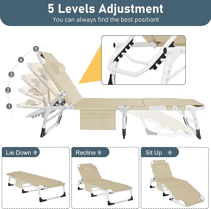 LILYPELLE 5-Position Folding Chaise Lounge Chair with Mattress, Beach & Patio Use, Khaki