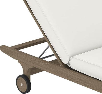 Modway Saratoga Teak Outdoor Chaise Lounge Chair in Weathered Gray White – Adjustable Wood Pool Lounge Chair with Wheels and Cushions