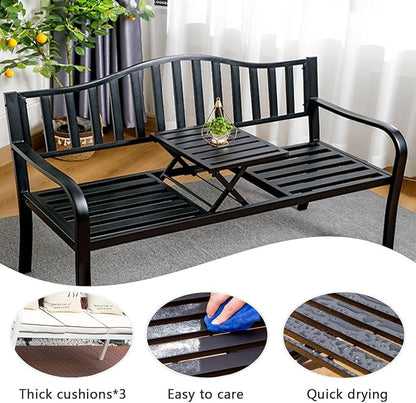 Metal Garden Bench, Patio Porch Furniture, All-Weather Outdoor Bench, Outdoor Benches with Foldable Small Table Plate(White)