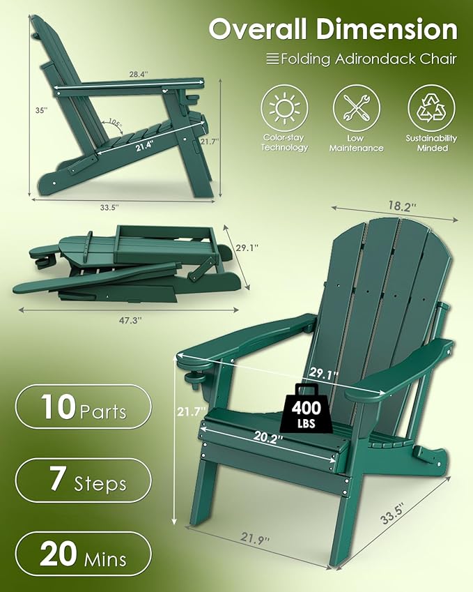 GREENVINES Folding-Adirondack-Chairs-Set-of-6 | HDPE Plastic | Fire Pit Chair | All Weather | Cup Holder | Forest | for Deck Backyard Patio Outdoor Garden