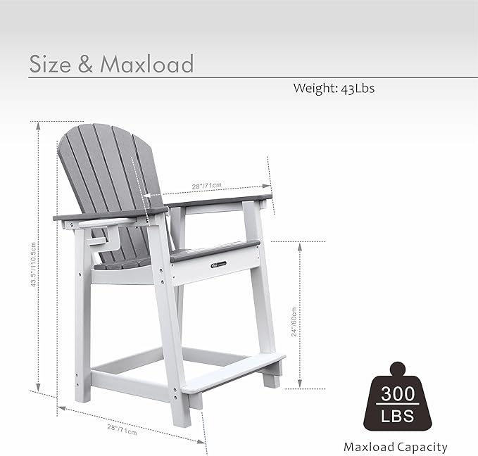 Tall Adirondack Chairs, Adirondack Barstools, Weather Patio Garden Pool Fire Pit Balcony Outdoor Bar Stools HDPE Plastic Barstools with Backs for Garden, Backyard, Yard (Grey)