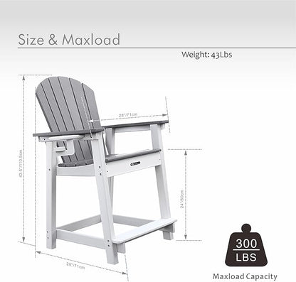 Tall Adirondack Chairs, Adirondack Barstools, Weather Patio Garden Pool Fire Pit Balcony Outdoor Bar Stools HDPE Plastic Barstools with Backs for Garden, Backyard, Yard (Grey)