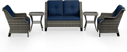 5 Piece Patio Furniture Set, 2-Seater Loveseat, 2 Chairs and 2 Side Tables, Rattan Conversation Set with Deep Seating and Olefin Cushions, for Outdoors Backyard, Deck, Garden, Navy
