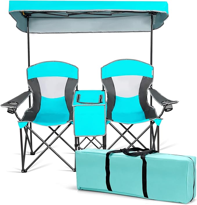 S AFSTAR Double Camping Chair w/Shade Canopy, 2-Person Folding Camp and Beach Chair with Mini Table Beverage Cup Holder Carrying Bag, Collapsible Camping Chairs for Garden Patio Pool Beach