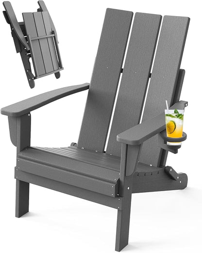 Adirondack Chair with Cup Holder, Folding Outdoor Lawn Chair, HDPE Plastic Fire Pit Chair, Weather Resistant Patio Chairs for Deck, Porch, Backyard, Garden, Slate Gray