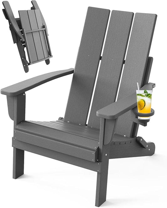 Adirondack Chair with Cup Holder, Folding Outdoor Lawn Chair, HDPE Plastic Fire Pit Chair, Weather Resistant Patio Chairs for Deck, Porch, Backyard, Garden, Slate Gray