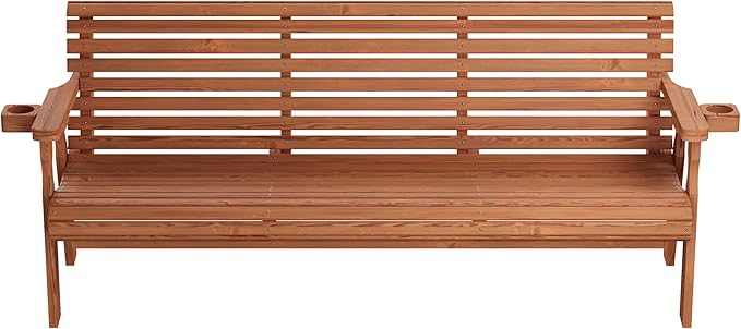 Amish Casual Heavy Duty 6 Foot Pressure Treated Outdoor Garden Bench in Cedar Stain with Cup Holders - Amish Crafted Roll Back Design, 700 Lb Weight Capacity