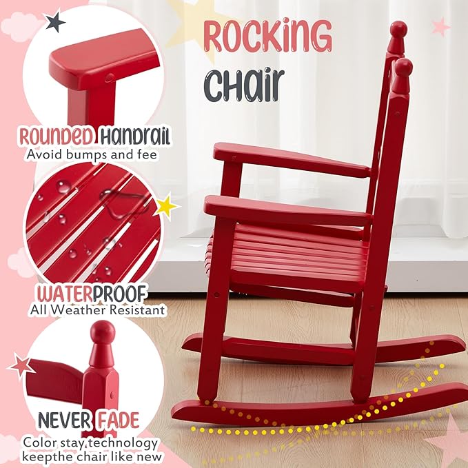 Kids Rocking Chair Cushion Pad Set Toddler Rocking Chair Indoor Outdoor Wooden Rocker Child Patio Rocker for Porch Balcony Lawn Indoor Outdoor(Red,Ages 2-5)