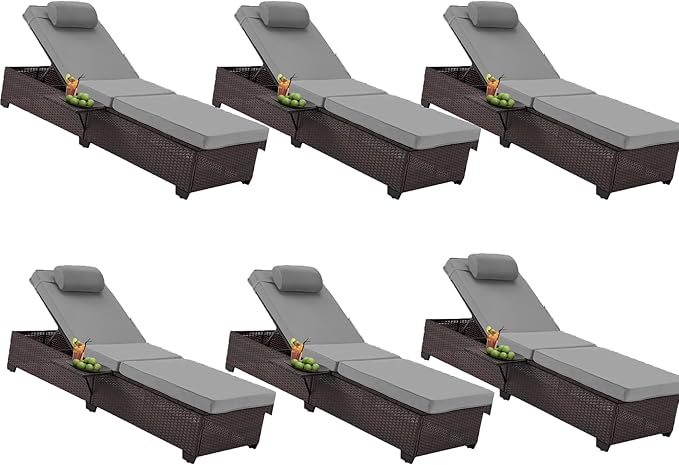 HOMREST PE Wicker Chaise Lounge Chairs Set of 6,Adjustable 5 Position Outside Rattanr Patio Pool Chair with Headrest,Cushion and Storage Rack for Poolside Backyard Porch,Grey