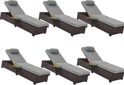HOMREST PE Wicker Chaise Lounge Chairs Set of 6,Adjustable 5 Position Outside Rattanr Patio Pool Chair with Headrest,Cushion and Storage Rack for Poolside Backyard Porch,Grey