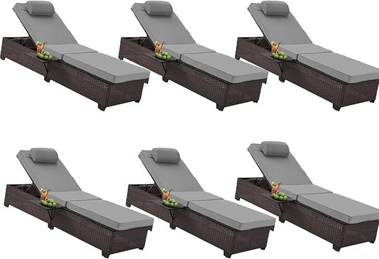 HOMREST PE Wicker Chaise Lounge Chairs Set of 6,Adjustable 5 Position Outside Rattanr Patio Pool Chair with Headrest,Cushion and Storage Rack for Poolside Backyard Porch,Grey